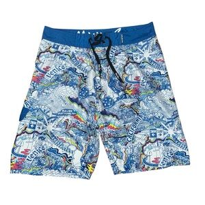 Maui and Sons Blue and White Board Shorts with Ocean-Themed Design Size L